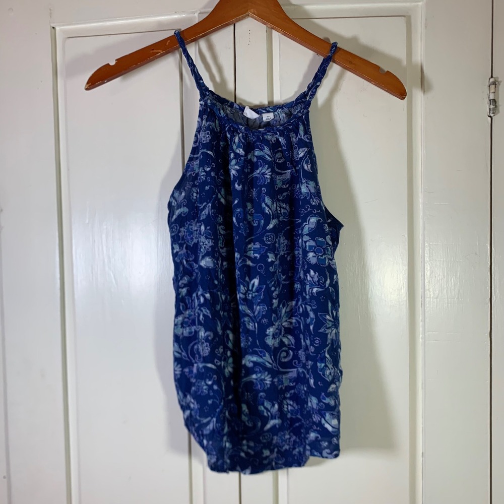 GAP Womens Blue Floral Halter Tank Top XS Rayon Flowy Sleeveless Resortwear